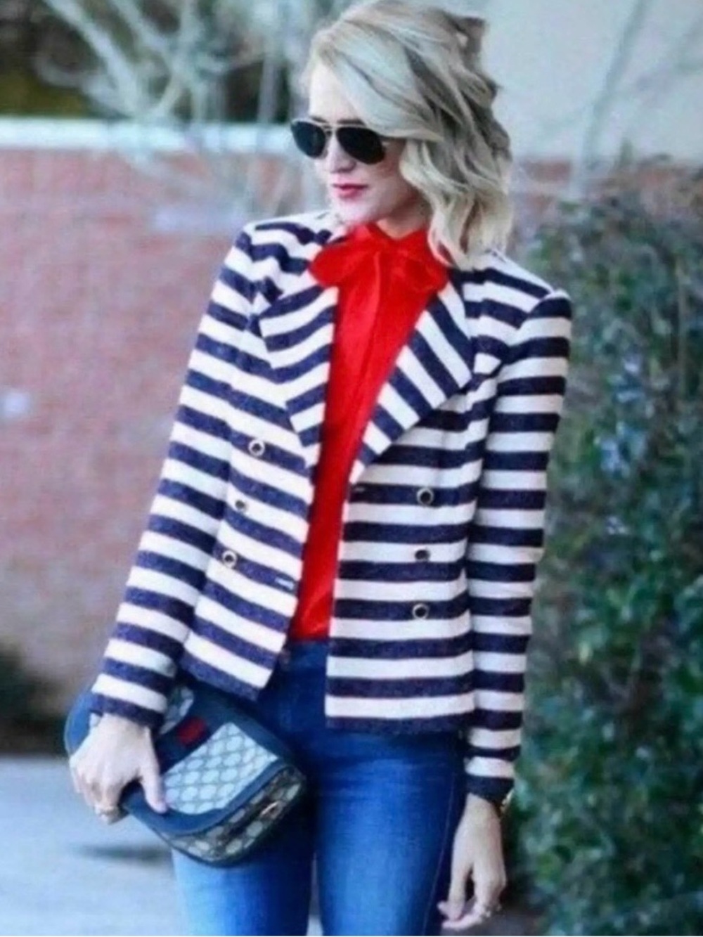 CAbi Navy and White Striped Blazer with Red Accent